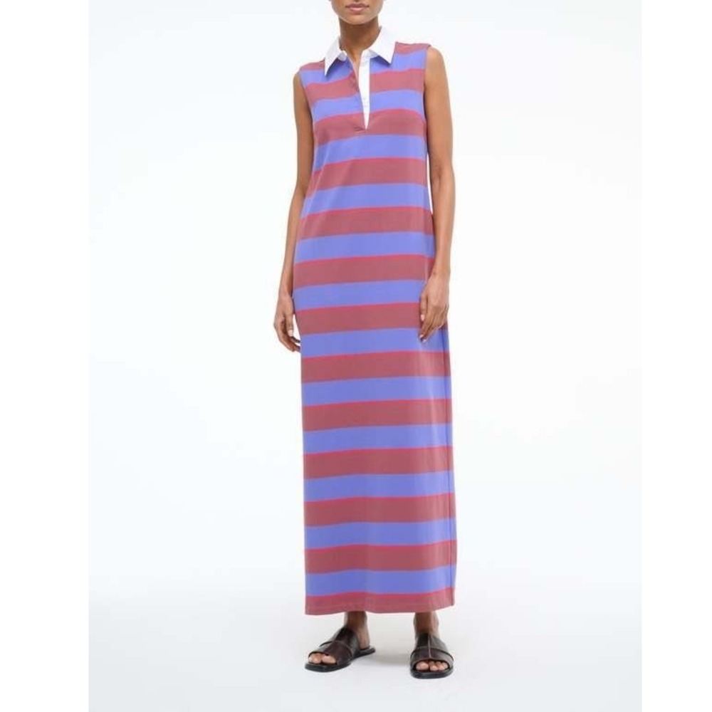 STAUD Julius Dress Womens Medium Purple Atlas Rugby Stripe Sleeveless Polo Maxi